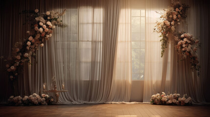 Serene indoor scene featuring a window with elegant curtains, creating a perfect backdrop for captivating photoshoots and projects