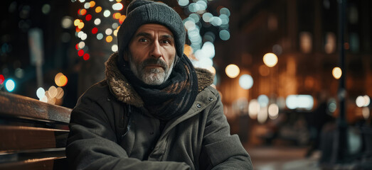 a homeless man alone in the cold facing job cuts