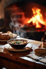Steaming soup with toast in rustic kitchen, fireplace backdrop, . Suitable for culinary blogs, cookbooks, and lifestyle imagery.