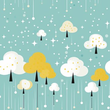 Whimsical Cartoon Pattern with Playful Trees, Sparkling Stars, and Gentle Rain - Stock Photo
