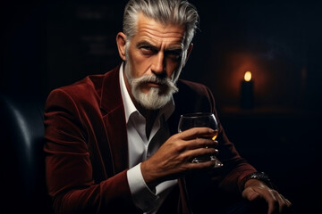 Portrait of handsome elegant mature man with cigar and a glass whiskey in a dark 