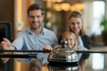 Closeup photo of bell for staff at hotel reception desks and happy family defocused in background. Family travel or hotel check-in concept - obrazy, fototapety, plakaty