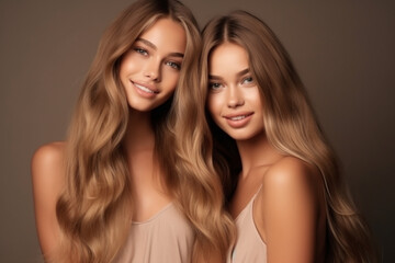 Portrait of happy twins women with perfect skin and natural make-up and long hair