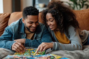 Show a couple sitting on a couch - playing a cooperative puzzle game together. 