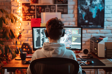 Show a young developer passionately coding an indie game in a cozy - personalized workspace.  - obrazy, fototapety, plakaty