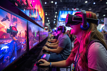 Visualize a vibrant gaming convention booth showcasing the latest VR technology. 