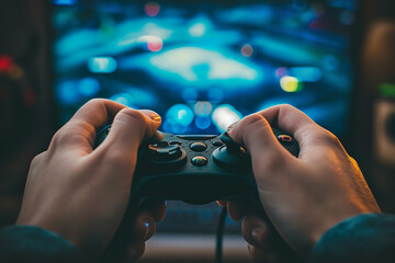 Illustrate a gamer's hands skillfully operating a game controller, with the game screen in the background showing intense and fast-paced action - Powered by Adobe