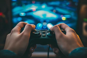 Poster Illustrate a gamer's hands skillfully operating a game controller, with the game screen in the background showing intense and fast-paced action © Davivd
