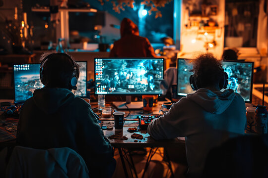 Depict a group of players engaged in a LAN party - with their computers networked together. 
