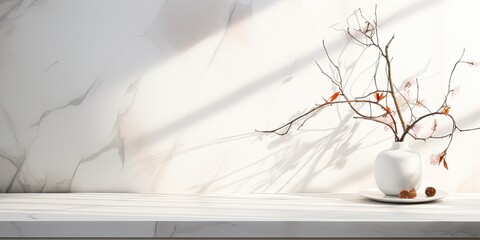 White marble table with tree branches shadow, suitable for presentation backdrop, display, and mock up.