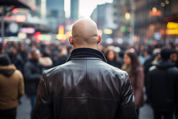 Back view of skinhead neo-nazi with shaved heads and leather jacket in street - obrazy, fototapety, plakaty
