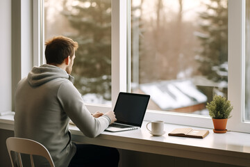 Man is working at laptop, in modern apartment at desk near window with scenic nature view. Remote work from home, telecommuting, freelance - obrazy, fototapety, plakaty