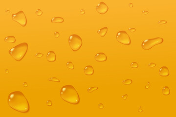 Beer abstract background. Condensate glass in macro texture. Transparent water drops on yellow surface. Cold beverage concept juice. oil or champagne. Stock vector illustration in realistic style.