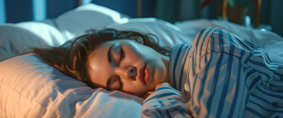 Restful sleep in twilight, serene young woman resting in bed with gentle lighting