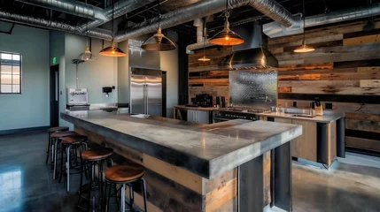 Foto op Canvas An industrial-inspired break room or kitchenette featuring exposed ductwork, concrete surfaces, and reclaimed wood accents © Darko