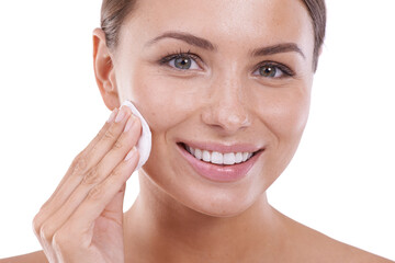Woman, makeup remover and portrait with cotton pad, skincare and cleansing with close up, toner and...