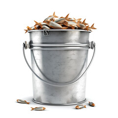 A metal bucket full of fish, 3D realistic style, isolated on a white background