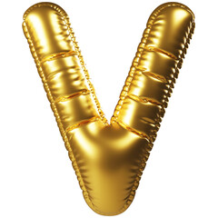 Gold helium balloon in form of capital letter V. 3D realistic decoration, design element related for all celebration events and party, holiday greetings for birthday, anniversary, wedding and other - obrazy, fototapety, plakaty