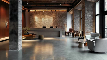 Foto op Canvas A trendy and sophisticated ambiance is created by the clean and minimalist design of this modern boutique hotel, which features polished concrete floors, exposed fine brick walls, and futuristic furni © Darko