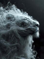 A majestic lion emerges from the sinuous smoke forms in an ethereal spectacle. White lion's head made of smoke in the grandeur of feline royalty.