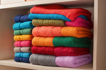 This image captures an assortment of brightly colored woolen clothes, meticulously folded and organized on a shelf. - obrazy, fototapety, plakaty