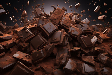 Schokolade und Schokoladenstückchen, Verstreute Schokoladenstücke - obrazy, fototapety, plakaty