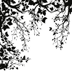 tree, nature, vector, illustration, silhouette, branch, leaf, design, plant, floral, black, flower, art, drawing, decoration, pattern, spring, bird, element, season, frame, forest, leaves, old, trunk,