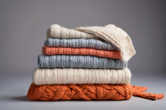A carefully arranged pile of warm knitted sweaters showcases a variety of colors and patterns against a simple, uncluttered backdrop.