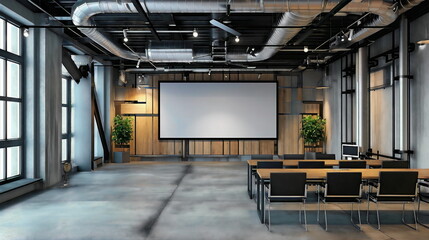 A presentation area or conference room that utilizes exposed ductwork as a backdrop for presentations, adding a touch of industrial style