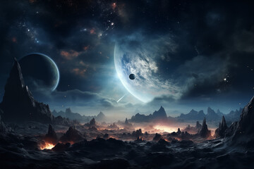Fremde Welten, Weltall mit Planeten, Monden und einer surrilen Landschaft, Science-Fiction Weltraum