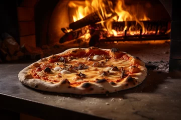 Foto op Plexiglas Steinofenpizza in einer rustikalen Küche eines Pizzabäckers, Knusprige und frische Pizza aus dem Steinofen mit Holzfeuer © GreenOptix