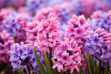 Group of beautiful pink and violet Hyacinth spring flowers