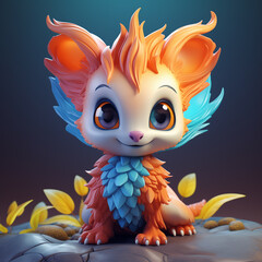Cute 3D Cartoon Fantasy Blue and Orange Fire Fox