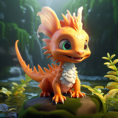 Cute 3D Cartoon Fantasy Creature Orange Baby Dragon
