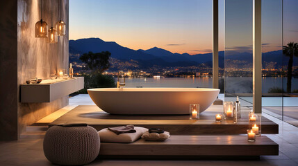 Obraz premium Cityscape Elegance: Modern Apartment Interior with Stunning Night Views, Luxurious Design, and Relaxing Ambiance