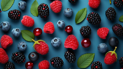 Colorful fruit pattern of wild berries on blue background. Raspberries, blueberries and blackberries , Generate AI - obrazy, fototapety, plakaty