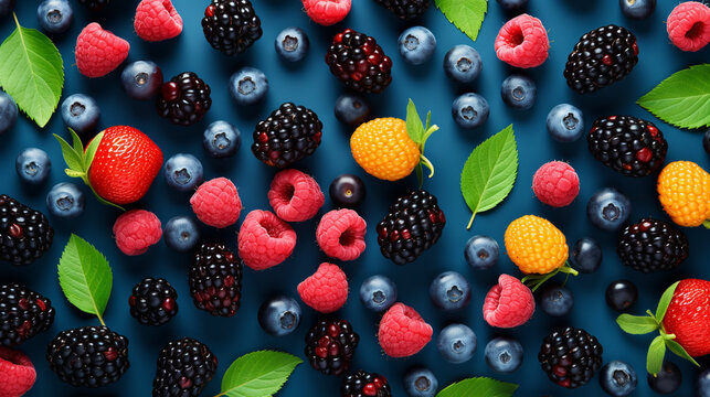 Colorful Fruit Pattern Of Wild Berries On Blue Background. Raspberries, Blueberries And Blackberries , Generate AI