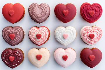 Sweet cakes in form of hearts on white background