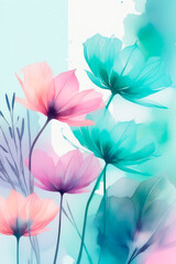 Art background with transparent x-ray flowers in pink, purple, pastel turquoise and green colors.