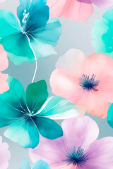 Art background with transparent x-ray flowers in pink, purple, pastel turquoise and green colors.