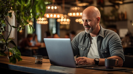 Emotional portrait of a confident and positive business mature European man with a bald head , looking with a smile at the laptop