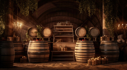 Old cellar with bottles and barrels under castle making wine - obrazy, fototapety, plakaty