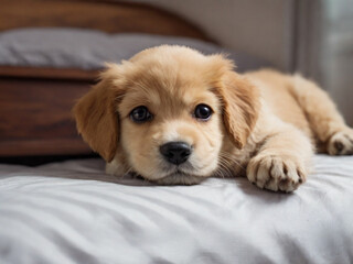 Beagle puppy dog lying on the bad waiting for owner with sad or sick face.