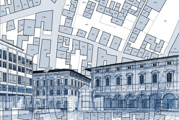 Old italian cityscape with residential building over an imaginary city map - concept with sketch of...