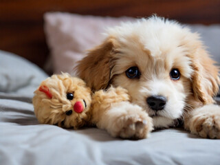Beagle puppy dog lying on the bad waiting for owner with sad or sick face.