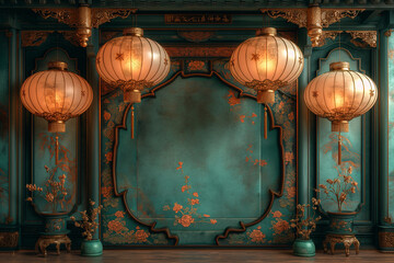 Chinese lanterns on traditional background