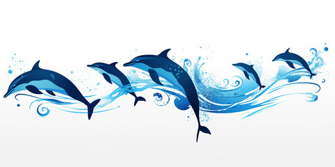 Blue dolphins jumping out of the water on a light background