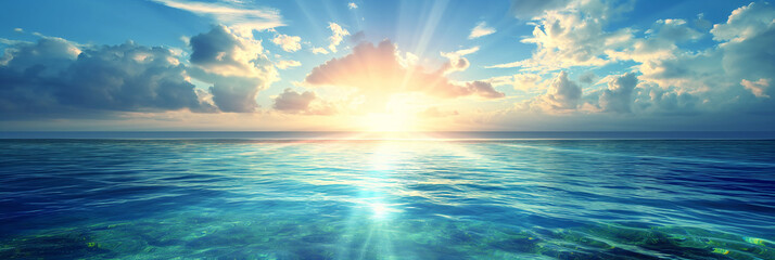 Summer sea background, bright blue water and setting sun - Powered by Adobe