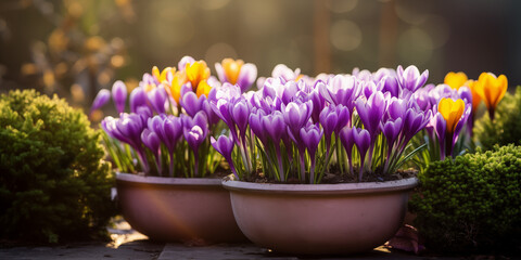 Purple and yellow crocuses in flower pots in the garden - Powered by Adobe