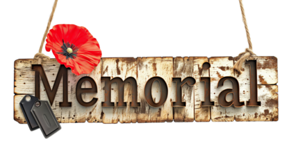 The word Memorial composed of a poppy flower and dog tags isolated on a transparent background 